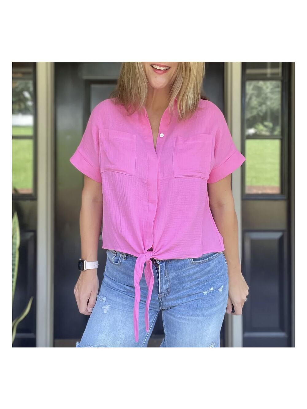 Cotton Gauze Pink Tie Front Top
